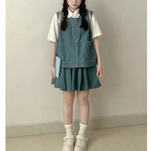 画像をギャラリービューアに読み込む, 夏新作 レトロ学園風 デニムベスト&半袖シャツ&ハイウエストスカート 3点セット ペティット向け