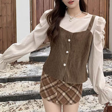 画像をギャラリービューアに読み込む, レトロ韓国ファッションコーデュロイパフスリーブトップスシャツレデイーズカジュアル