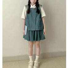 画像をギャラリービューアに読み込む, 夏新作 レトロ学園風 デニムベスト&半袖シャツ&ハイウエストスカート 3点セット ペティット向け