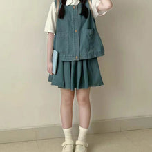 画像をギャラリービューアに読み込む, 夏新作 レトロ学園風 デニムベスト&半袖シャツ&ハイウエストスカート 3点セット ペティット向け
