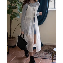 画像をギャラリービューアに読み込む, 韓国ファッショントップスラウンドネック中空カーディガン シースルーレーススリップドレスレデイーズ