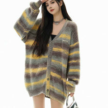 画像をギャラリービューアに読み込む, レトロな色合わせボーダーセーター女秋冬ゆったりVネックニットカーディガンコートロングセーターコート