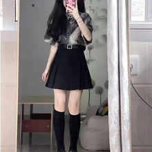 画像をギャラリービューアに読み込む, 夏のトレンド半袖シャツスカート2点セットペイント風 シャツ ハイウエスト プリーツスカート セットアップ トップス 半袖 モノトーン ボトムス ミニスカート