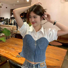 画像をギャラリービューアに読み込む, デニムステッチ半袖フェイクツーピースシャツレディースサマーパフスリーブ半袖トップスリムフィットカジュアルイントレンディトップ