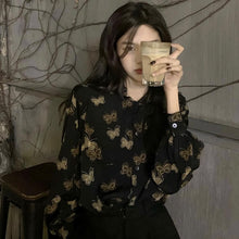 画像をギャラリービューアに読み込む, バタフライデザイン レトロフレンチ シルクブラウスレデイーズトップス