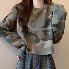 画像をギャラリービューアに読み込む, 春夏新作 韓国風カモフラージュ オフショルダー ラウンドネック プルオーバースウェットゆったりロングスリーブ ストリート系 レディース カジュアルトップス