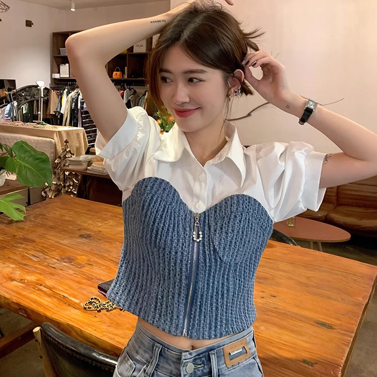 デニムパッチワーク‌フェイクツインセット半袖ストレート