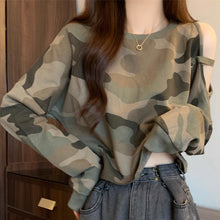 画像をギャラリービューアに読み込む, 春夏新作 韓国風カモフラージュ オフショルダー ラウンドネック プルオーバースウェットゆったりロングスリーブ ストリート系 レディース カジュアルトップス