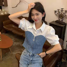 画像をギャラリービューアに読み込む, デニムパッチワークフェイクツインセット半袖ストレートショルダートップスレディース