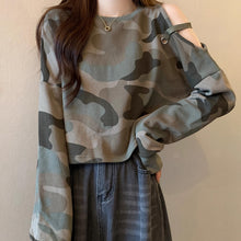 画像をギャラリービューアに読み込む, 春夏新作 韓国風カモフラージュ オフショルダー ラウンドネック プルオーバースウェットゆったりロングスリーブ ストリート系 レディース カジュアルトップス