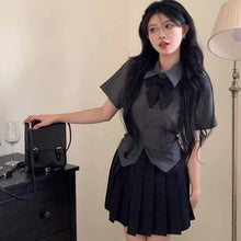 画像をギャラリービューアに読み込む, ファッションシックなプリーツウエストリボンシャツ女性の夏の半袖シャツ新しいカレッジスタイルスリムスリムトップ