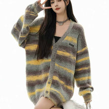 画像をギャラリービューアに読み込む, レトロな色合わせボーダーセーター女秋冬ゆったりVネックニットカーディガンコートロングセーターコート