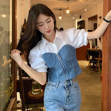 画像をギャラリービューアに読み込む, デニムパッチワークフェイクツインセット半袖ストレートショルダートップスレディース