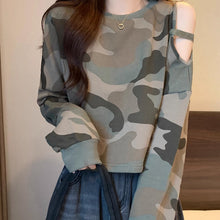 画像をギャラリービューアに読み込む, 春夏新作 韓国風カモフラージュ オフショルダー ラウンドネック プルオーバースウェットゆったりロングスリーブ ストリート系 レディース カジュアルトップス