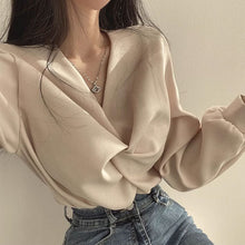 画像をギャラリービューアに読み込む, 韓国ファッションプリーツVネックツイストデザインシャツトップスレデイーズ