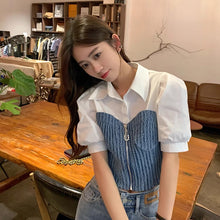 画像をギャラリービューアに読み込む, デニムパッチワークフェイクツインセット半袖ストレートショルダートップスレディース