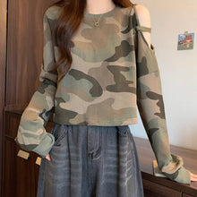 画像をギャラリービューアに読み込む, 春夏新作 韓国風カモフラージュ オフショルダー ラウンドネック プルオーバースウェットゆったりロングスリーブ ストリート系 レディース カジュアルトップス