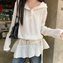 画像をギャラリービューアに読み込む, デザイン性抜群 レースカットアウト フリル袖長袖Tシャツ 春新作 スリム見えトップス