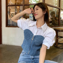 画像をギャラリービューアに読み込む, デニムパッチワークフェイクツインセット半袖ストレートショルダートップスレディース