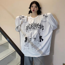 画像をギャラリービューアに読み込む, 女子向けダーク系アニメレタープリントロンTシャツオーバーサイズインスタ風 二次元コーデトップス 通学