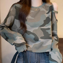 画像をギャラリービューアに読み込む, 春夏新作 韓国風カモフラージュ オフショルダー ラウンドネック プルオーバースウェットゆったりロングスリーブ ストリート系 レディース カジュアルトップス