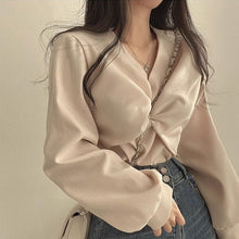 画像をギャラリービューアに読み込む, 韓国ファッションプリーツVネックツイストデザインシャツトップスレデイーズ
