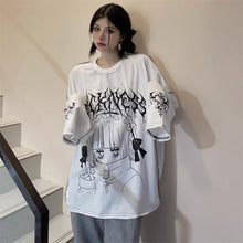 画像をギャラリービューアに読み込む, 女子向けダーク系アニメレタープリントロンTシャツオーバーサイズインスタ風 二次元コーデトップス 通学