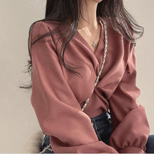 画像をギャラリービューアに読み込む, 韓国ファッションプリーツVネックツイストデザインシャツトップスレデイーズ