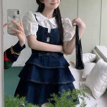 画像をギャラリービューアに読み込む, サマーシャツ サスペンダー デニムスカート 2点セットパフスリーブ ブラウス キャミソール デニム ジャンパースカート セットアップ 半袖