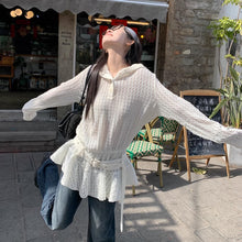 画像をギャラリービューアに読み込む, デザイン性抜群 レースカットアウト フリル袖長袖Tシャツ 春新作 スリム見えトップス