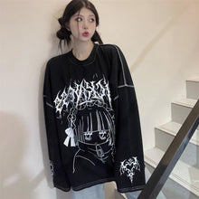 画像をギャラリービューアに読み込む, 女子向けダーク系アニメレタープリントロンTシャツオーバーサイズインスタ風 二次元コーデトップス 通学