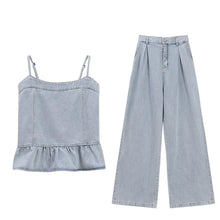 画像をギャラリービューアに読み込む, デニムセットアップ レディース フリルタンクトップ ワイドレッグパンツ カジュアル2点セット