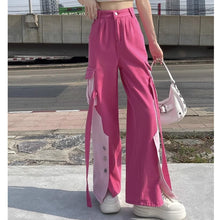 画像をギャラリービューアに読み込む, 原宿系ストレートダンス衣装バイカラーボタンデニムHIPHOPピンクロングワイドパンツヒップホップレディース