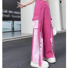 画像をギャラリービューアに読み込む, 原宿系ストレートダンス衣装バイカラーボタンデニムHIPHOPピンクロングワイドパンツヒップホップレディース