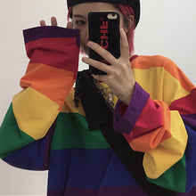 画像をギャラリービューアに読み込む, 秋新作韓国トレンドレインボーストライプ オーバーサイズ ロンT ヒョナ風トップス レディース ゆったりクルーネックtシャツ