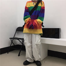 画像をギャラリービューアに読み込む, 秋新作韓国トレンドレインボーストライプ オーバーサイズ ロンT ヒョナ風トップス レディース ゆったりクルーネックtシャツ