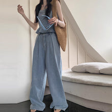 画像をギャラリービューアに読み込む, デニムセットアップ レディース フリルタンクトップ ワイドレッグパンツ カジュアル2点セット