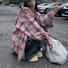 画像をギャラリービューアに読み込む, レトロチェック 韓国風ルーズフィット ロングスリーブシャツ オープンカラー 秋用カジュアルトップス 