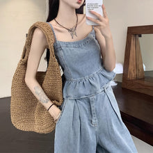 画像をギャラリービューアに読み込む, デニムセットアップ レディース フリルタンクトップ ワイドレッグパンツ カジュアル2点セット