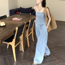 画像をギャラリービューアに読み込む, デニムセットアップ レディース フリルタンクトップ ワイドレッグパンツ カジュアル2点セット