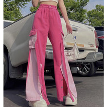 画像をギャラリービューアに読み込む, 原宿系ストレートダンス衣装バイカラーボタンデニムHIPHOPピンクロングワイドパンツヒップホップレディース