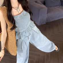 画像をギャラリービューアに読み込む, デニムセットアップ レディース フリルタンクトップ ワイドレッグパンツ カジュアル2点セット