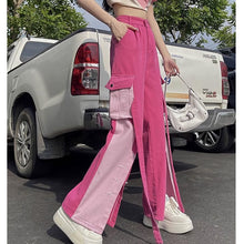 画像をギャラリービューアに読み込む, 原宿系ストレートダンス衣装バイカラーボタンデニムHIPHOPピンクロングワイドパンツヒップホップレディース