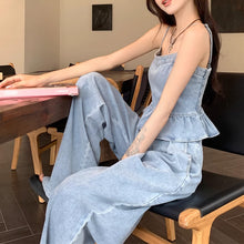 画像をギャラリービューアに読み込む, デニムセットアップ レディース フリルタンクトップ ワイドレッグパンツ カジュアル2点セット