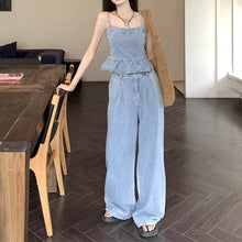 画像をギャラリービューアに読み込む, デニムセットアップ レディース フリルタンクトップ ワイドレッグパンツ カジュアル2点セット