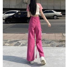 画像をギャラリービューアに読み込む, 原宿系ストレートダンス衣装バイカラーボタンデニムHIPHOPピンクロングワイドパンツヒップホップレディース