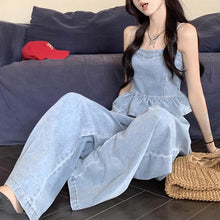 画像をギャラリービューアに読み込む, デニムセットアップ レディース フリルタンクトップ ワイドレッグパンツ カジュアル2点セット