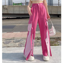 画像をギャラリービューアに読み込む, 原宿系ストレートダンス衣装バイカラーボタンデニムHIPHOPピンクロングワイドパンツヒップホップレディース