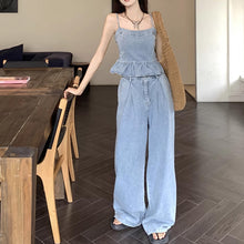画像をギャラリービューアに読み込む, デニムセットアップ レディース フリルタンクトップ ワイドレッグパンツ カジュアル2点セット