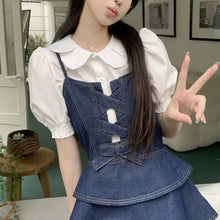 画像をギャラリービューアに読み込む, サマーシャツ サスペンダー デニムスカート 2点セットパフスリーブ ブラウス キャミソール デニム ジャンパースカート セットアップ 半袖
